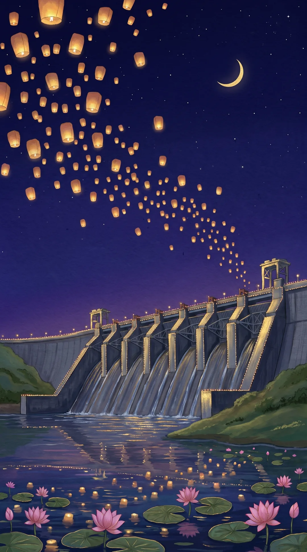 Sky lanterns rising over Maithon dam at night