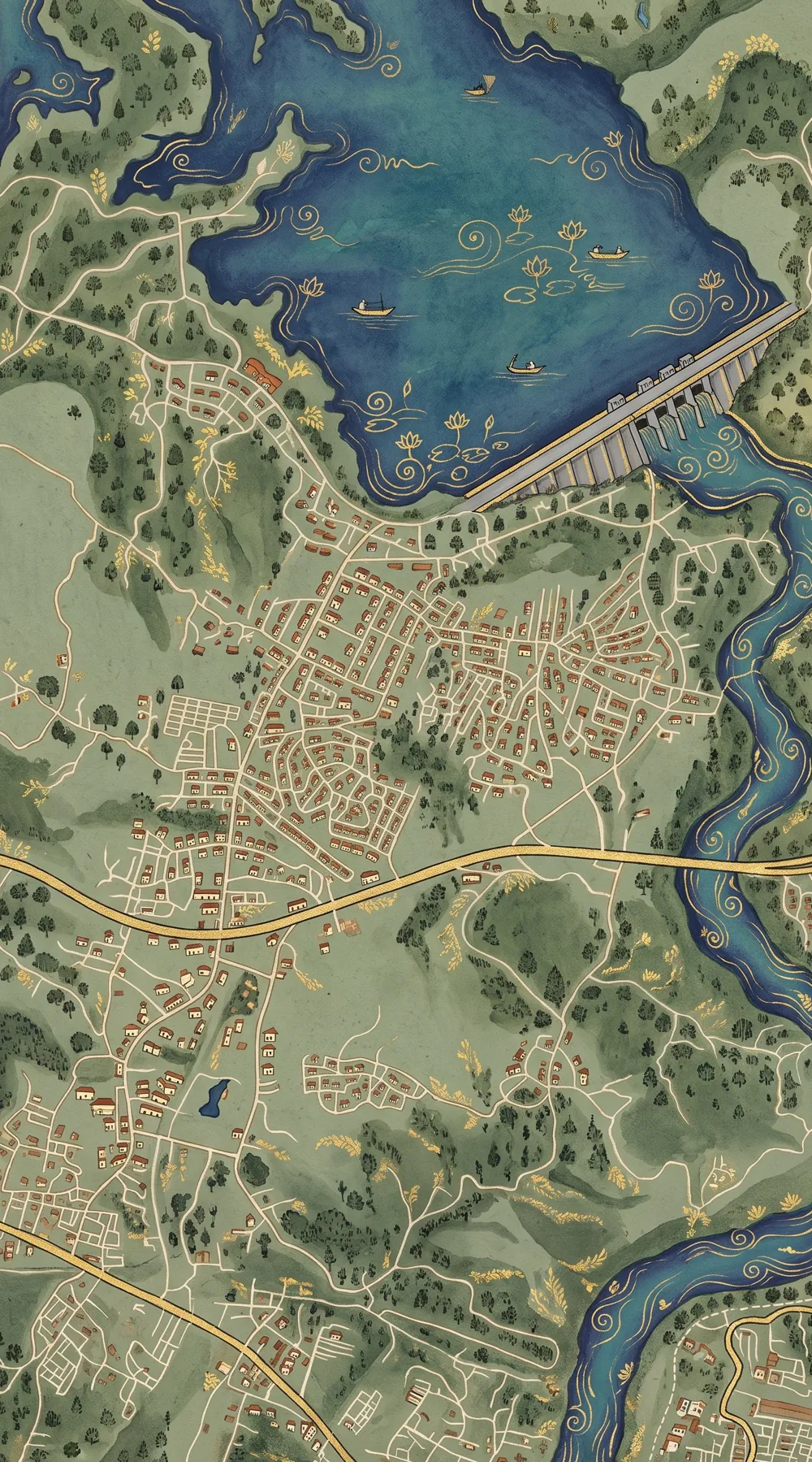 Painted map of Maithon: the lake, the dam, the township and the bypass road